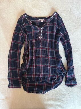 Cape Juby Navy Plaid Long-Sleeve Top with Pink Accents